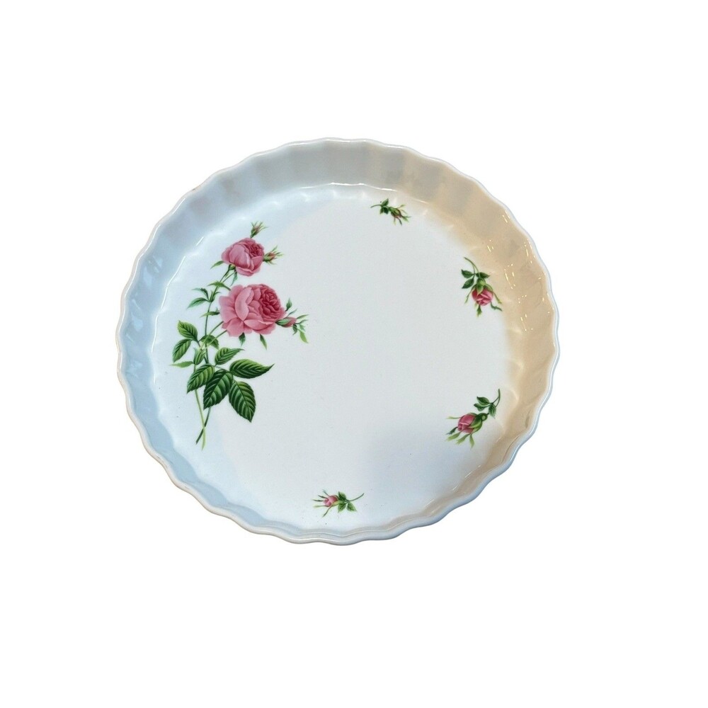 Christineholm Rose Quiche Tart Dish 9.5 in Pink Floral Porcelain Fluted
